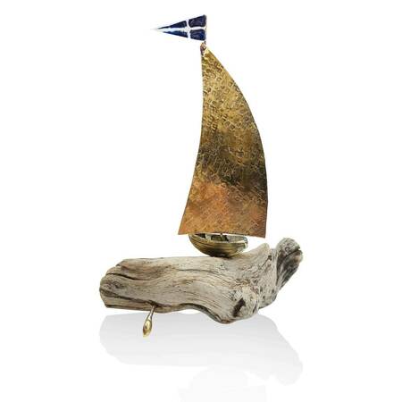 Βάρκα με πανί μπρούτζινη σε ξύλο θαλάσσης - μέγεθος 18εκ - διακοσμητικά, ξύλο, καράβι