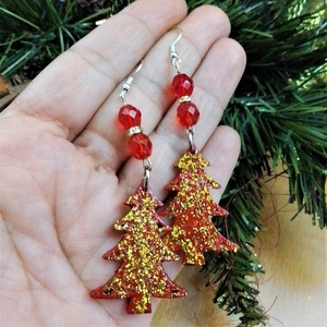 Χριστουγεννιάτικα σκουλαρίκια κρεμαστά με δεντράκι σε κόκκινο-χρυσό, 9 εκατοστά. - ξύλο, μαμά, κοσμήματα, χριστουγεννιάτικα δώρα, δέντρο - 3