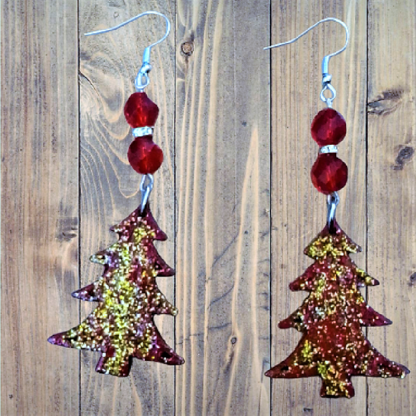 Χριστουγεννιάτικα σκουλαρίκια κρεμαστά με δεντράκι σε κόκκινο-χρυσό, 9 εκατοστά. - ξύλο, μαμά, κοσμήματα, χριστουγεννιάτικα δώρα, δέντρο - 4