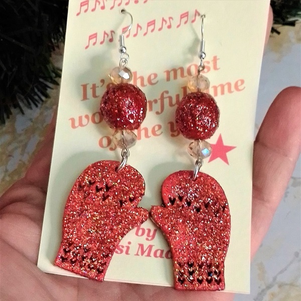 Χριστουγεννιάτικα σκουλαρίκια κρεμαστά με κόκκινο γάντι, 9.5 εκατοστά. - ξύλο, μαμά, κοσμήματα, δασκάλα, χριστουγεννιάτικα δώρα - 2