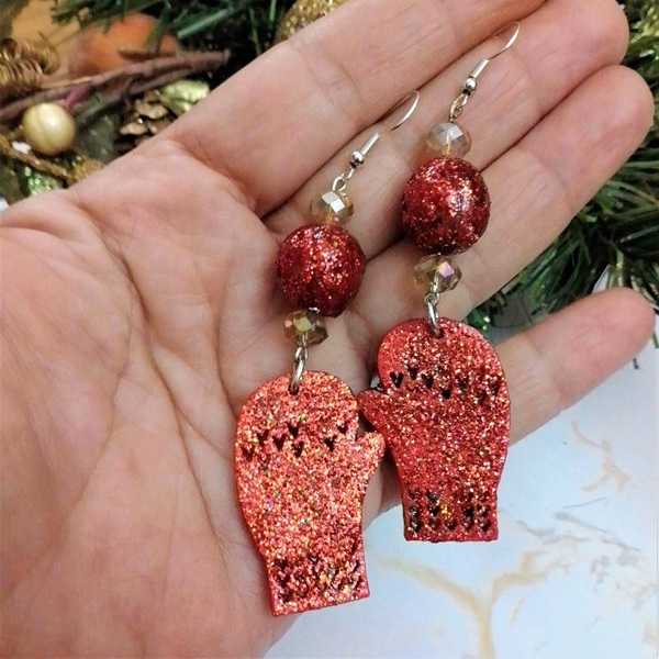Χριστουγεννιάτικα σκουλαρίκια κρεμαστά με κόκκινο γάντι, 9.5 εκατοστά. - ξύλο, μαμά, κοσμήματα, δασκάλα, χριστουγεννιάτικα δώρα - 3