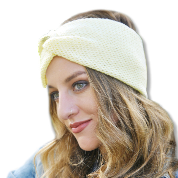 Πλεκτή κορδέλα μαλλιών turban σε χρώμα υπόλευκο - μαλλί, headbands - 2
