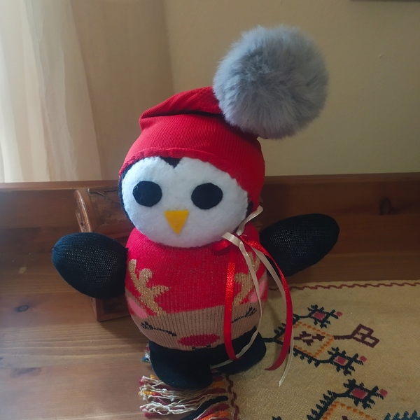 Πιγκουίνος χειροποίητος από κάλτσες - δώρο, χριστουγεννιάτικο, διακοσμητικά - 3