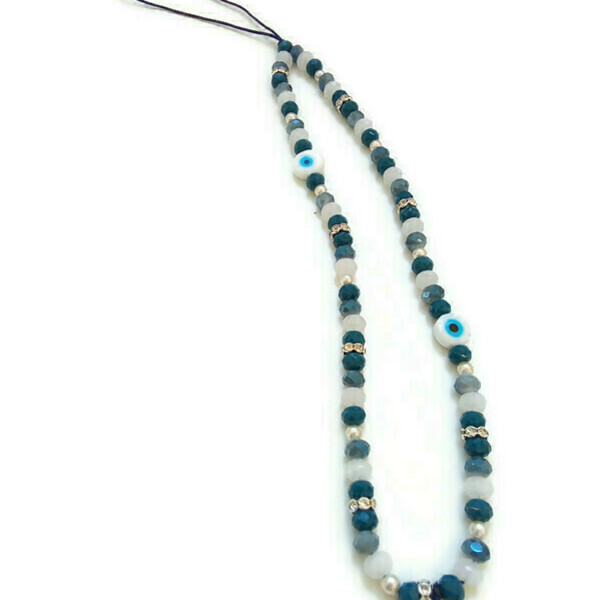 Phone strap με μπλέ κρυστάλλινες χάντρες - κορδόνια, μάτι, χάντρες, λουράκια