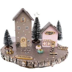 Ξύλινα, χριστουγεννιάτικα σπιτάκια σε γκρί - ροζ χρώμα - 17 εκ. - ξύλο, σπίτι, διακοσμητικά