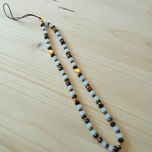 Phone strap με μαύρες κρυστάλλινες χάντρες - επιχρυσωμένα, καρδιά, κορδόνια, χάντρες, λουράκια - 3