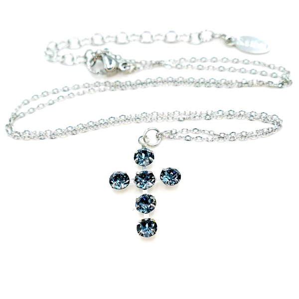 Κολιέ Σταυρός, Denim Blue Χρώμα, Κρύσταλλα Εξαιρετικά, Ατσάλινη Αλυσίδα Nikolas Jewelry - σταυρός, κοντά, ατσάλι, φθηνά, μενταγιόν - 2