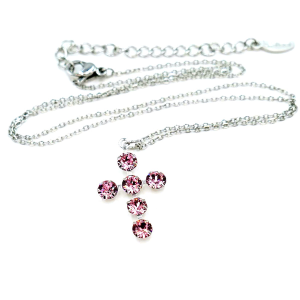 Κολιέ Σταυρός, Light Rose Χρώμα, Κρύσταλλα Εξαιρετικά, Ατσάλινη Αλυσίδα Nikolas Jewelry - γυαλί, charms, σταυρός, κοντά, ατσάλι - 2