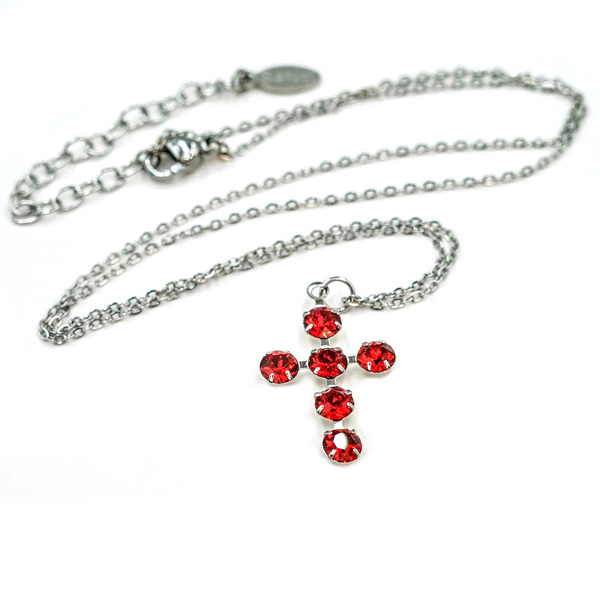 Κολιέ Γυναικείο Σταυρός, Μέγεθος 2,5εκ, Κοκκίνο Χρώμα, Κρύσταλλα Εξαιρετικά, Ατσάλινη Αλυσίδα 45εκ Nikolas Jewelry - charms, σταυρός, κοντά, ατσάλι, φθηνά - 2