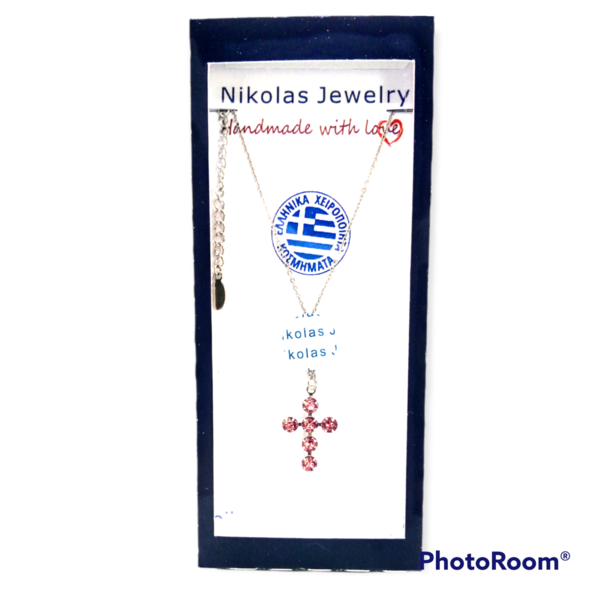 Κολιέ Σταυρός, Light Rose Χρώμα, Κρύσταλλα Εξαιρετικά, Ατσάλινη Αλυσίδα Nikolas Jewelry - γυαλί, charms, σταυρός, κοντά, ατσάλι - 3