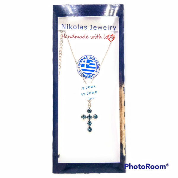 Κολιέ Σταυρός, Denim Blue Χρώμα, Κρύσταλλα Εξαιρετικά, Ατσάλινη Αλυσίδα Nikolas Jewelry - σταυρός, κοντά, ατσάλι, φθηνά, μενταγιόν - 3