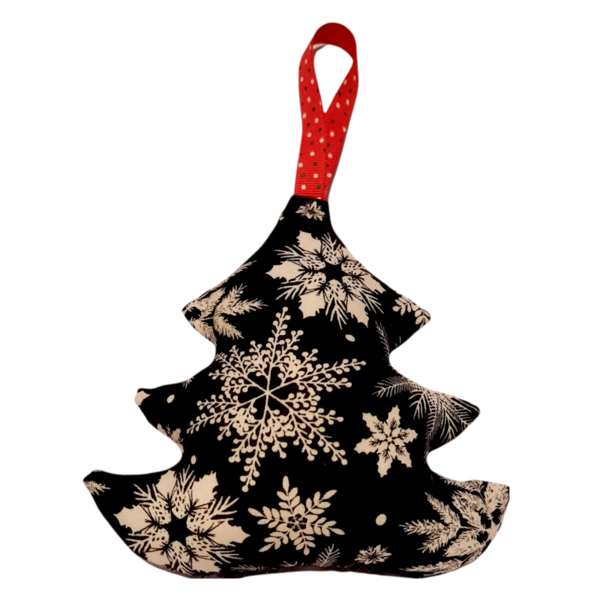 Χριστουγεννιάτικο στολίδι γούρι δεντράκι από ύφασμα 15*13 μαύρο με λευκές χιονονιφάδες - ύφασμα, στολίδια, δέντρο