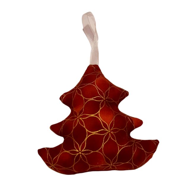 Χριστουγεννιάτικο στολίδι γούρι δεντράκι από ύφασμα 15*13 σε κόκκινες αποχρώσεις με χρυσό - ύφασμα, στολίδια, δέντρο