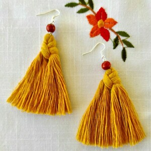 BOHO mustard earrings - ορείχαλκος, μακραμέ, κρίκοι, boho, φθηνά