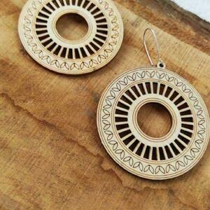 ” WOOD MANDALA” earrings - ξύλο, ορείχαλκος, ήλιος, κρίκοι, boho - 2