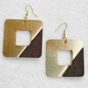 Wood and Metal boho square earrings - ξύλο, ατσάλι, boho, κρεμαστά, μεγάλα