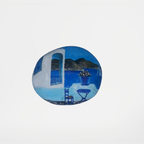 Ζωγραφιστή πέτρα θαλάσσης ακρυλικών χρωμάτων με θέμα ένα νησί της Ελλάδας - πέτρα, σπίτι, διακοσμητικές πέτρες