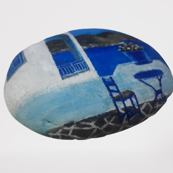 Ζωγραφιστή πέτρα θαλάσσης ακρυλικών χρωμάτων με θέμα ένα νησί της Ελλάδας - πέτρα, σπίτι, διακοσμητικές πέτρες - 3