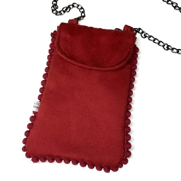 Χειροποίητο γυναικείο Μπορντό σουετ τσαντάκι κινητού - Red pom pom mobile bag - θήκες