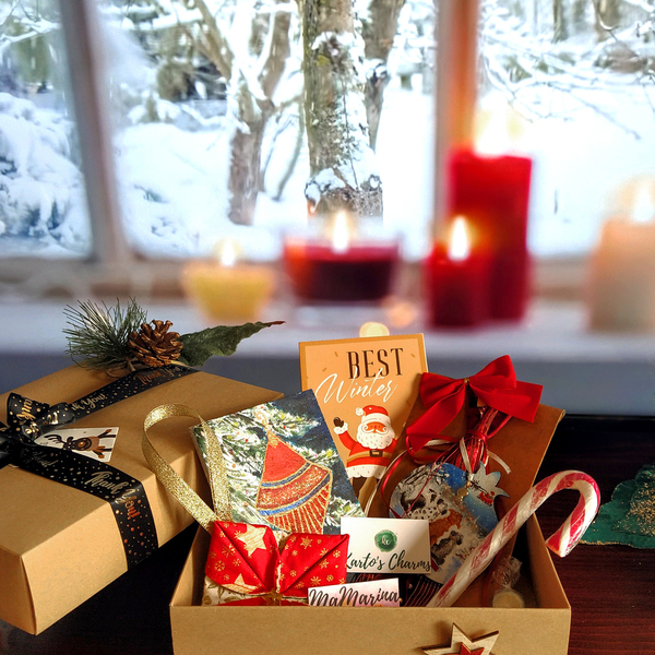 Karto's Christmas Gift Box - ύφασμα, ξύλο, ρόδι, χιονονιφάδα, σετ δώρου, γούρια - 2
