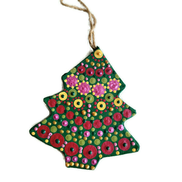 Στολίδι δεντράκι ζωγραφισμένο στο χέρι από papier mache 8,5*7,5 cm - χριστουγεννιάτικο, διακοσμητικά, δέντρο