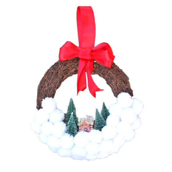 Χιονισμένο Τοπίο - στεφάνια, pom pom, χριστουγεννιάτικο, διακοσμητικά