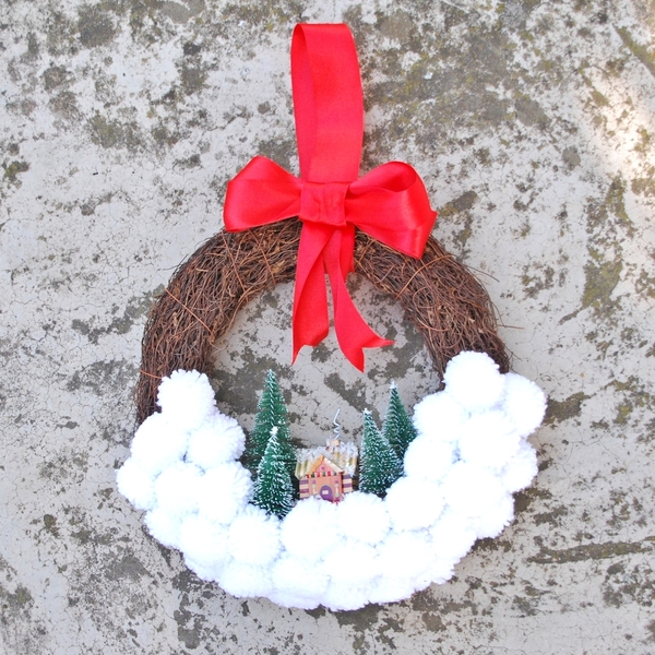 Χιονισμένο Τοπίο - στεφάνια, pom pom, χριστουγεννιάτικο, διακοσμητικά - 3