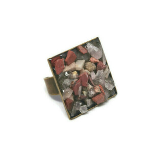 Δαχτυλίδι τετράγωνο με ημιπολύτιμους λίθους - ημιπολύτιμες πέτρες, vintage, μπρούντζος, αυξομειούμενα