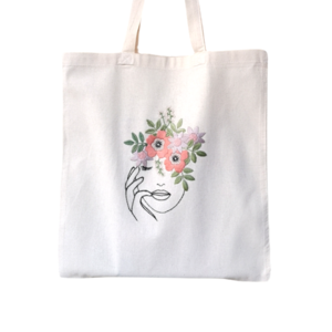 Τσάντα πάνινη tote bag από 100% βαμβακερό ύφασμα κεντημένη στο χέρι, σχέδιο "Face with Flowers" - ύφασμα, ώμου, tote, πάνινες τσάντες