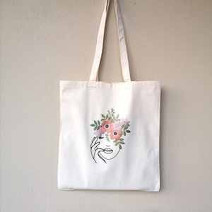Τσάντα πάνινη tote bag από 100% βαμβακερό ύφασμα κεντημένη στο χέρι, σχέδιο "Face with Flowers" - ύφασμα, ώμου, tote, πάνινες τσάντες - 4