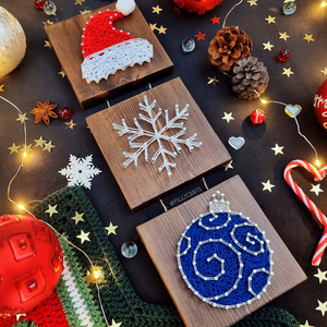 Ξύλινο διακοσμητικό με καρφιά & κλωστές "Christmas Mood" 42x12cm - ξύλο, νήμα, διακοσμητικά, χιονονιφάδα, άγιος βασίλης - 4