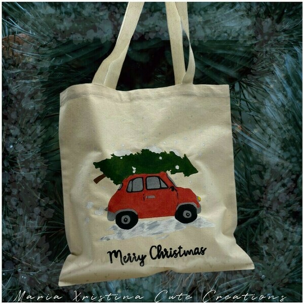 Πάνινη Τσάντα Ζωγραφισμένη στο χέρι ♥ Χριστουγεννιάτικο Αυτοκίνητο - ύφασμα, ώμου, χριστουγεννιάτικα δώρα, πάνινες τσάντες - 2
