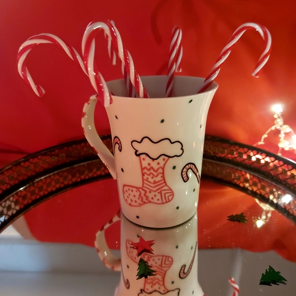 Κούπα ζωγραφισμένη στο χέρι, κάλτσα - ζωγραφισμένα στο χέρι, χειροποίητα, χριστούγεννα, χριστουγεννιάτικα δώρα, κούπες & φλυτζάνια - 3
