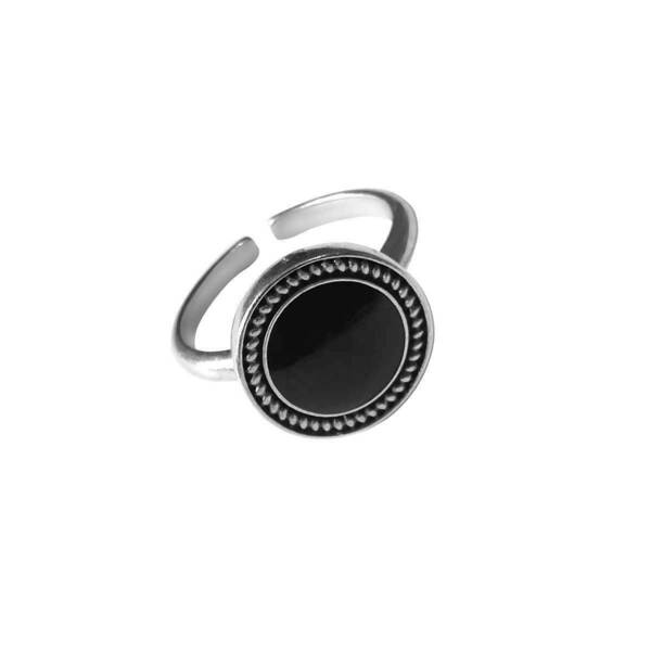 Δαχτυλίδι Επαργυρωμένο Κύκλος με Μαύρο Σμάλτο - ορείχαλκος, επάργυρα, μεγάλα, αυξομειούμενα, φθηνά
