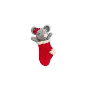 Πλεκτό ποντίκι με χριστουγεννιάτικη κάλτσα 18cm - χριστουγεννιάτικο, άγιος βασίλης, στολίδια, δέντρο