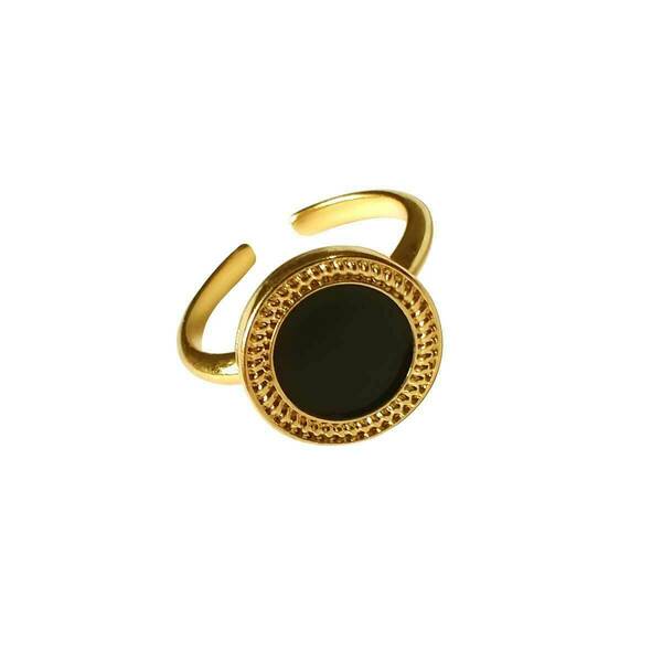Δαχτυλίδι Επιχρυσωμένο Κύκλος με Μαύρο Σμάλτο - επιχρυσωμένα, ορείχαλκος, μεγάλα, αυξομειούμενα, φθηνά