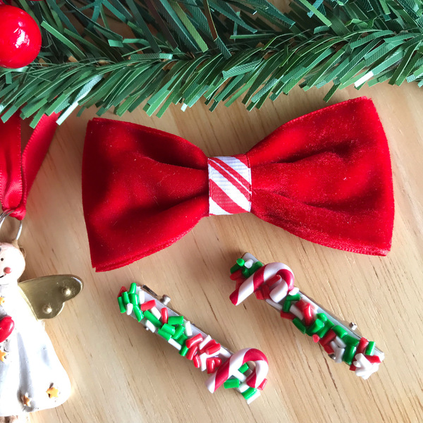 Χριστουγεννιάτικο σετ με βελούδινο φιόγκο & clips Let's sprinkle Xmas - φιόγκος, πηλός, χριστουγεννιάτικα δώρα, αξεσουάρ μαλλιών, hair clips - 4