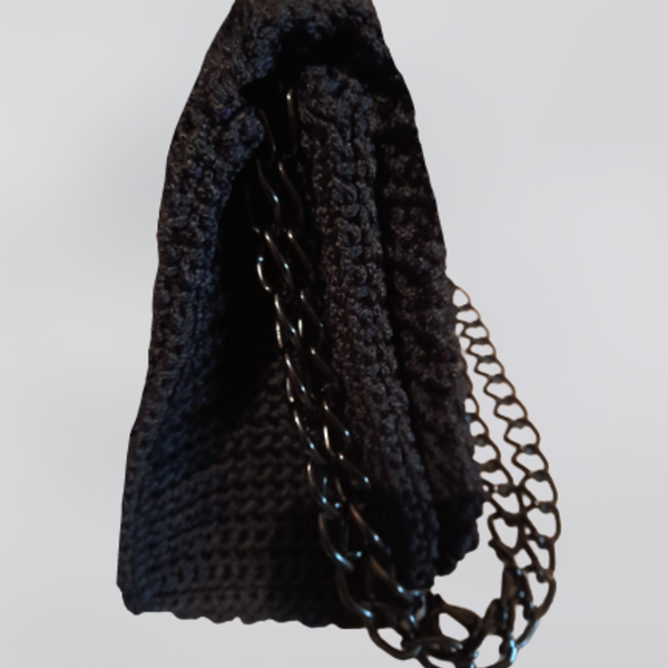 Πλεκτή τσάντα ώμου μαύρη με σχέδιο βάφλα - νήμα, ώμου, all day, πλεκτές τσάντες - 3