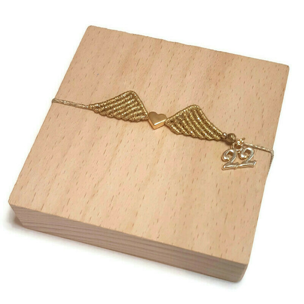 Χρυσό βραχιόλι - γούρι με μακραμέ φτερά αγγέλου (5*1 εκ.) - επιχρυσωμένα, κορδόνια, χεριού, αυξομειούμενα, γούρια - 2