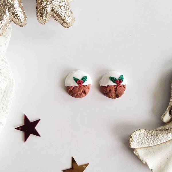 Χριστουγεννιάτικα σκουλαρίκια studs cookies με λευκό γλάσο - πηλός, καρφωτά, χριστουγεννιάτικα δώρα, καρφάκι - 3