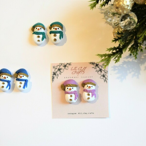 SNOWMEN Σκουλαρίκια καρφωτά, σε τρία διαφορετικά χρώματα - πηλός, καρφωτά, μικρά, χριστουγεννιάτικο, καρφάκι - 4