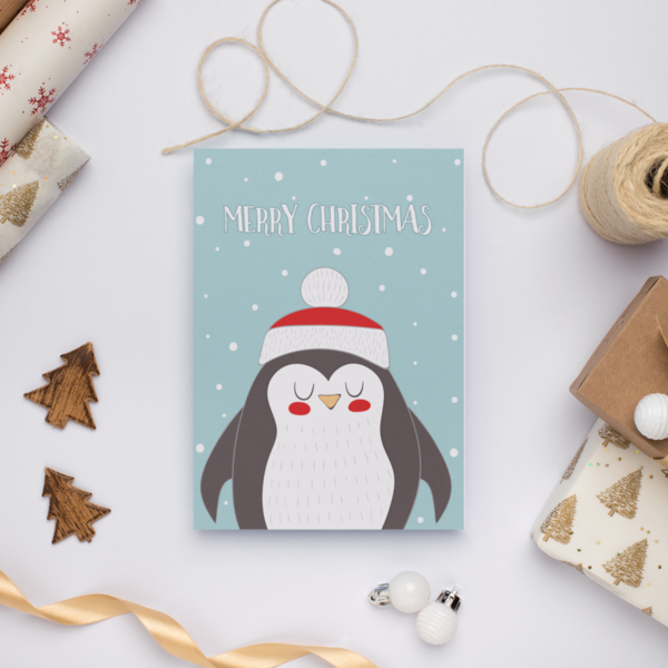 Χριστουγεννιάτικη κάρτα με πιγκουίνο - κάρτα ευχών, ευχετήριες κάρτες - 2
