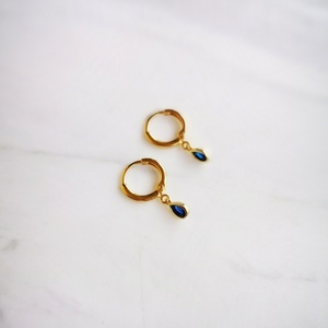 Σκουλαρίκια με μπλε ζιργκόν - στρας, επιχρυσωμένα, δάκρυ, κρίκοι, μικρά