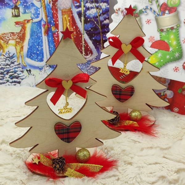 Διακοσμητικό Ξύλινο Δέντρο-Γούρι 2024 με καρδιά,15cm - ξύλο, χριστουγεννιάτικο δέντρο, χριστουγεννιάτικα δώρα, γούρια - 5
