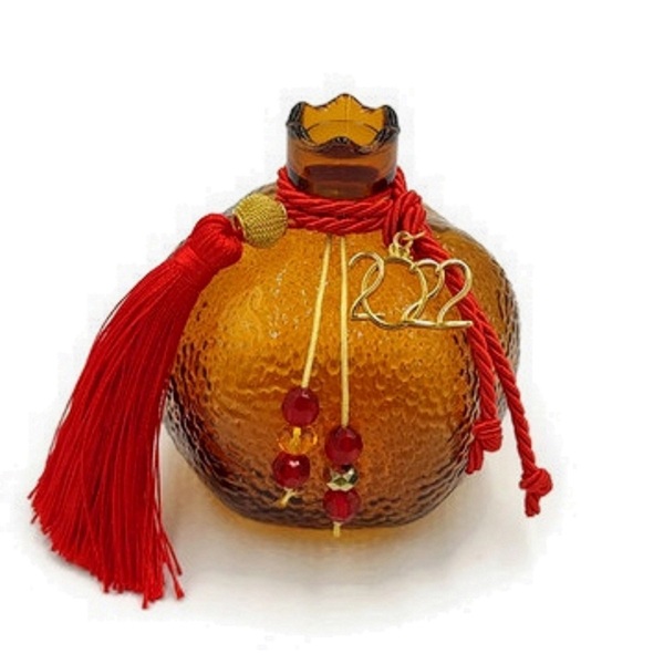 Επιτραπέζιο γούρι 2022 γυάλινο χρυσό ρόδι 9cm με κόκκινη φούντα και κρυσταλλάκια - γυαλί, ρόδι, χριστουγεννιάτικα δώρα, γούρια