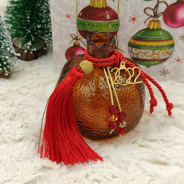 Επιτραπέζιο γούρι 2022 γυάλινο χρυσό ρόδι 9cm με κόκκινη φούντα και κρυσταλλάκια - γυαλί, ρόδι, χριστουγεννιάτικα δώρα, γούρια - 4