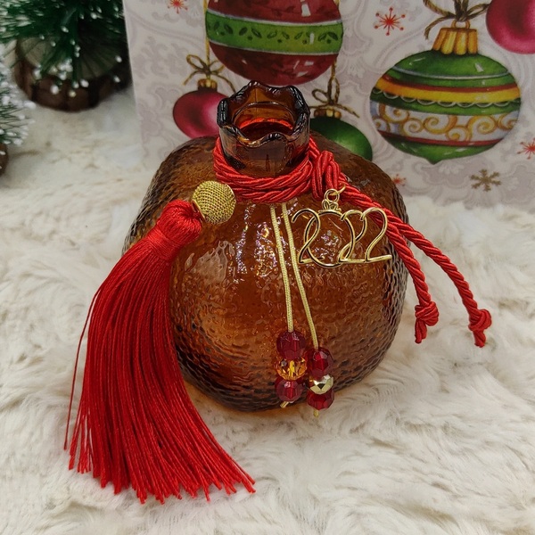 Επιτραπέζιο γούρι 2022 γυάλινο χρυσό ρόδι 9cm με κόκκινη φούντα και κρυσταλλάκια - γυαλί, ρόδι, χριστουγεννιάτικα δώρα, γούρια - 5
