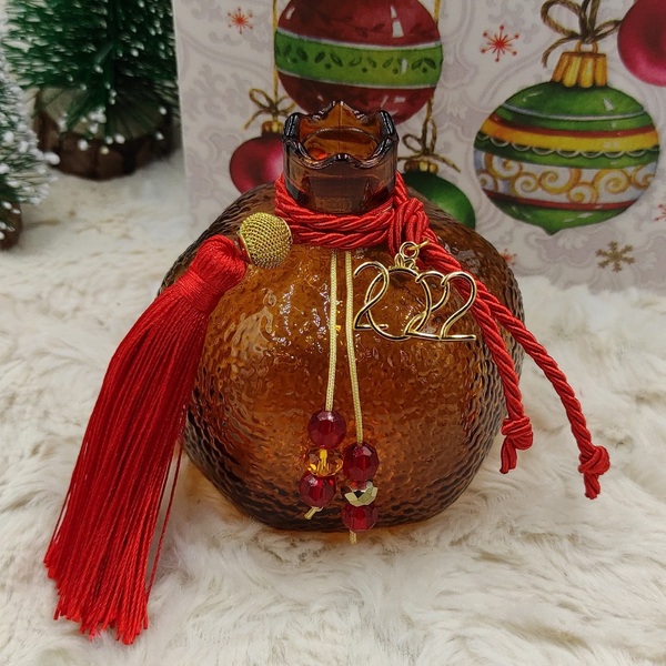 Επιτραπέζιο γούρι 2022 γυάλινο χρυσό ρόδι 9cm με κόκκινη φούντα και κρυσταλλάκια - γυαλί, ρόδι, χριστουγεννιάτικα δώρα, γούρια - 3