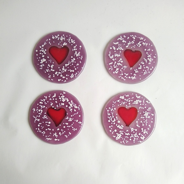 Γυάλινα σουβέρ "Καρδιά Ροζ" σετ 4 τεμαχίων 10εκ διάμετρος - ροζ, γυαλί, καρδιά, σουβέρ, χριστουγεννιάτικα δώρα
