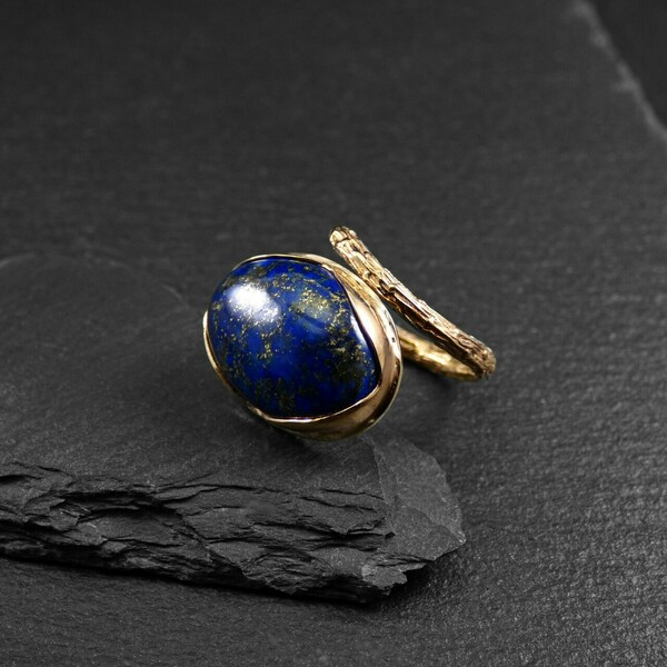" Golden lapis " - Χειροποίητο δαχτυλίδι, επίχρυσο 18Κ, με ημιπολύτιμο λίθο Lapis Lazuli! - ημιπολύτιμες πέτρες, επιχρυσωμένα, ορείχαλκος, αυξομειούμενα - 4
